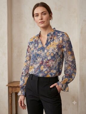 Blue Floral Long-Sleeve Ruffle Neck Blouse- Solitaire from Anthropology size M